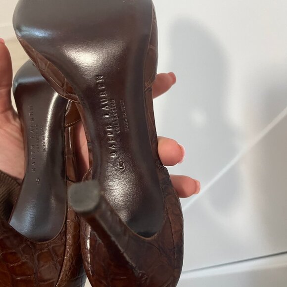 Ralph Lauren Collection Brown Leather Snake Skin Print Peep Toe Heels Size 9 - Picture 5 of 5